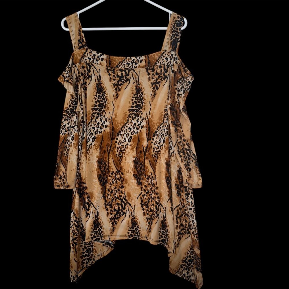 Vintage Caribe USA Womens Leopard Print Cold‎ Shoulder Tunic XL Asymmetric Boho